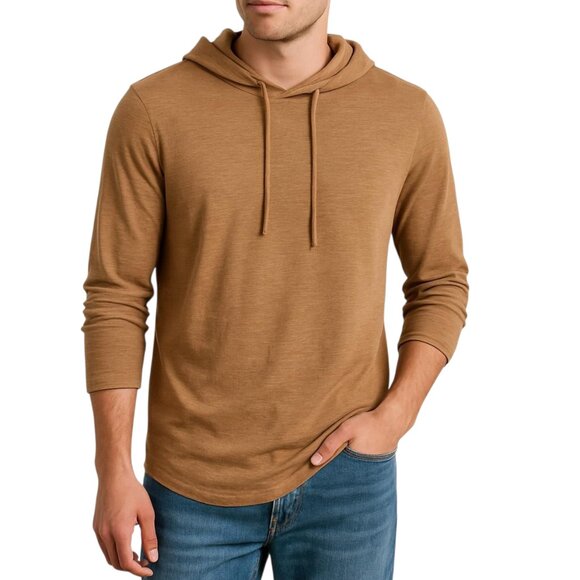 Threads 4 Thought Men's Tan Organic Cotton Long Sleeve Hooded T-Shirt Size S NWT - Picture 1 of 13